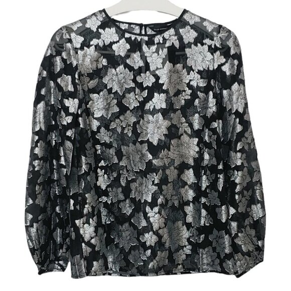 NWT CLUB MONACO Black silk silver floral embroidery sheer blouse - Picture 2 of 16